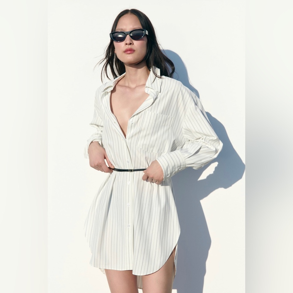 ZARA 🖤🤍🖤Striped Belted Long Oversized Blouse - Size Small - NWT